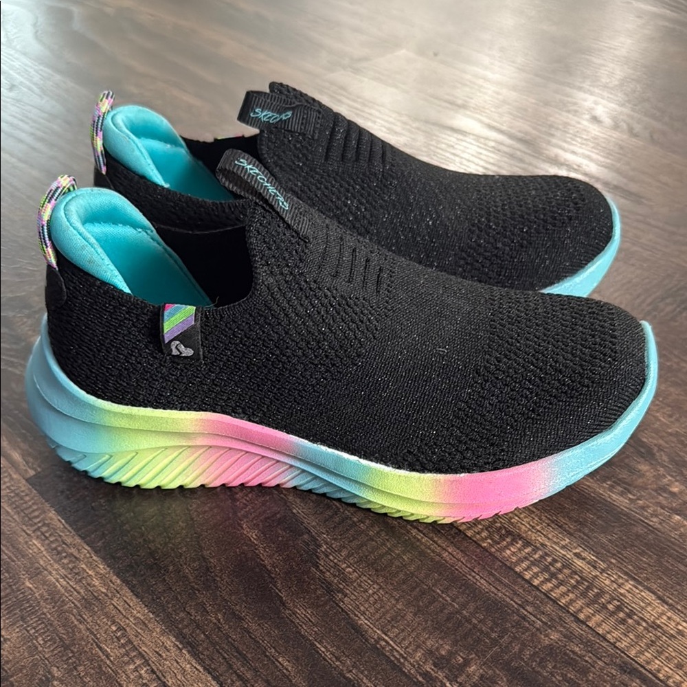 Girls Sketchers Black and Rainbow Slip on Shoes Size 12